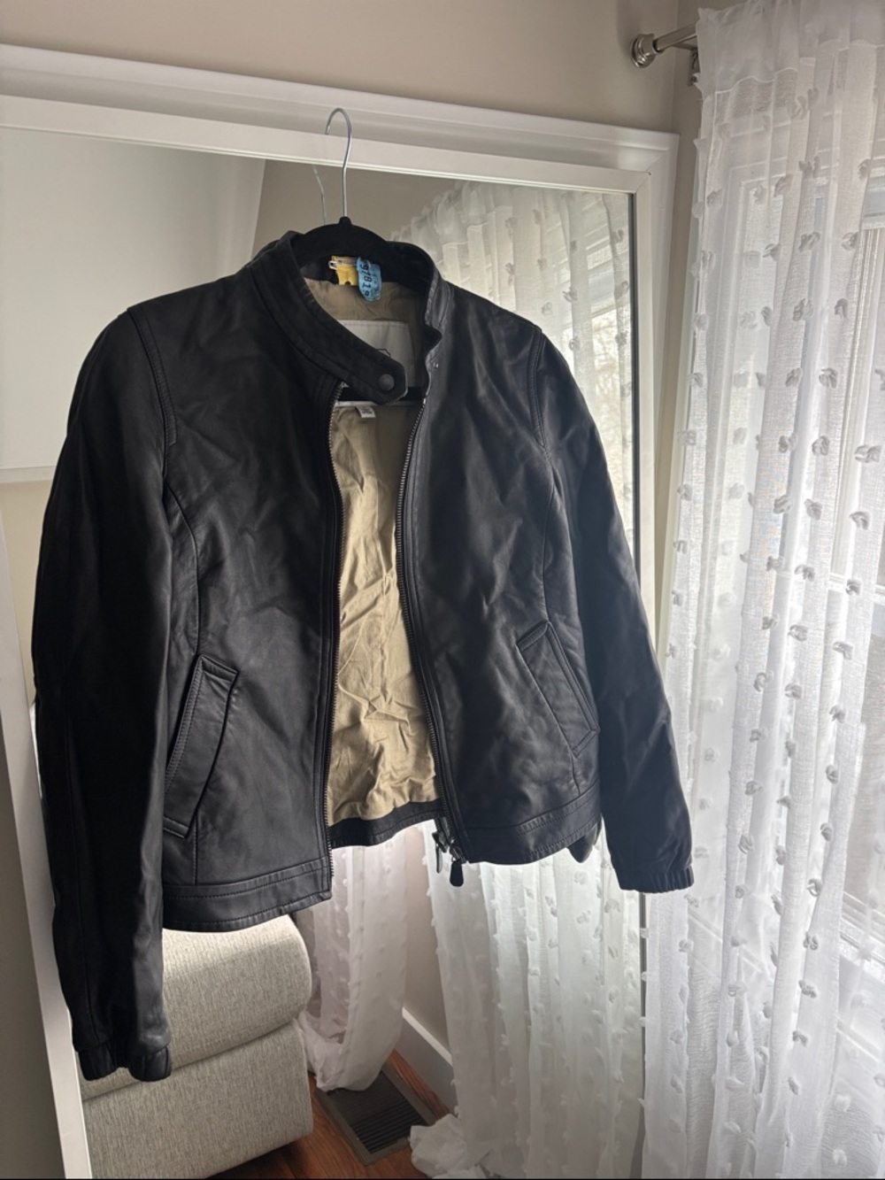 Coach Black Leather Bomber Jacket with Beige Lining